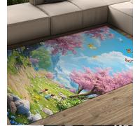 Cherry Blossom Area Rug 140x200cm Machine Washable Spring Sky Landscape Carpet Low-Pile Flannel Rug Non-Slip Pink Sakura Floor Mat for Bedroom Living Room Modern Home Decor
