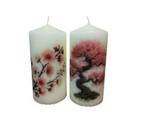 Cherry Blossom Art Decorative Pillar Candles Set of Two Floral Flowers Decoration Hand Decorated Relax Display Home Decor