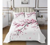 Cherry Blossom Bedspread Single Size Bedding For Kids Teens Bedroom Spring Pink Flowers Decor Coverlet Set Floral Quilt Set for All Season,2 Pcs with 1 Pillowcase