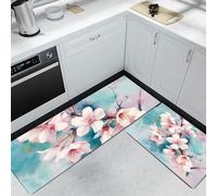 Cherry Blossom Branches In Full Bloom Kitchen Rugs Non Slip Powder Blue Kitchen Mats Machine Washable Rugs 2 Pieces Watercolor Flowers Runner Carpet, 43x75cm+43x120cm