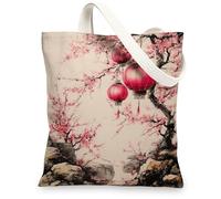 Cherry Blossom Canvas Tote Bag, Vintage Reusable Grocery Bags with Red Lanterns, Lightweight Shoulder Bags, Red, 13x15 Inch
