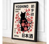 Cherry Blossom Cat Japandi Canvas Wall Art Print 24x16 Inch (61 x 41 cm)
