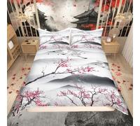 Cherry Blossom Comforter Cover Set Crane Hokusai Pattern Duvet Cover for Kids Boys Girls Teens Japanese Ukiyoe Bedding Set Japanese Style Bedding & Linen with 2 Pillowcases 3Pcs Bedding King