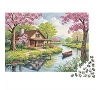 Cherry Blossom Cottage Jigsaw Puzzle 1000Pc Recycled Paper Adults Spring River House Jigsaws Difficult Hard Challenge Stimulate Brain Thinking Gifts for Women 70x50cm/1000pcs