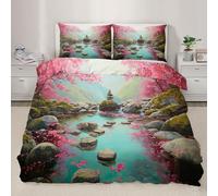 Cherry Blossom Duvet Cover Double Nature Stream Bedding Set Japanese Garden Comforter Set Zen Oriental Landscape Duvet Cover with Pillowcases for Bedroom