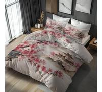 Cherry Blossom Duvet Cover King Size Bedding Sets, Oriental Asian Japanese Pattern, Reversible Design Bedroom Decor Bed Quilt Cover with 2 Pillowcases, Microfiber, Zip - SMK19632