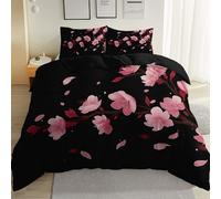 Cherry Blossom Duvet Cover Set King Size 200x200 cm - Black Floral Microfibre Bedding with Zipper Closure, Soft microfiber Fabric, 3-Piece Set with Pillowcases