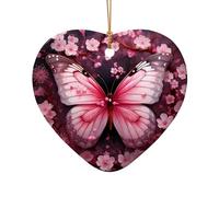 Cherry Blossom Floral Butterfly Ceramic Christmas Tree Ornament, Double-Sided Printed Heart Shape Porcelain Hanging Decoration, Elegant Holiday Keepsake for Xmas Tree Home Office Gift Exchange