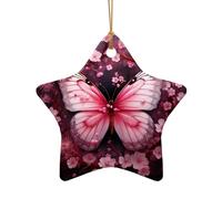 Cherry Blossom Floral Butterfly Ceramic Christmas Tree Ornament, Double-Sided Printed Star Shape Porcelain Hanging Decoration, Elegant Holiday Keepsake for Xmas Tree Home Office Gift Exchange