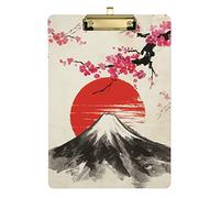 Cherry Blossom Flowers Japanese Mountain Fuji Plastic Clipboard A4 Letter Size PVC Writing Board with Low Profile Gold Metal Clip Hardboard for School, Office 12.5x9 Inch