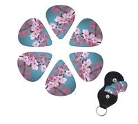 Cherry Blossom Guitar Picks 6 Pack, 0.71mm Thickness Celluloid Bass Pick with Leather Guitar Pick Holder Keychain Abstract Art Pics Plectrum for Acoustic Electric Guitar, Ukulele, Bass
