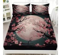 Cherry Blossom King Size Fitted Sheets Full Moon Bed Sheets Deep Pocket 12 inch (30 cm) Soft Cozy 3 Piece Microfibre Bed Sheet 150x200 cm with 2 Pillowcases 50x75 cm