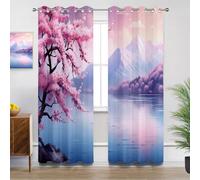 Cherry Blossom Kitchen Curtains for Windows - Japanese Landscape Mountain Flower Blackout Eyelet Curtain 54 Drop, Short Curtains for Bedroom, W46 X D54, 2 Panels Drapes Home Decor