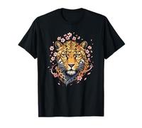 Cherry Blossom Leopard Floral Wild Cat Portrait T-Shirt