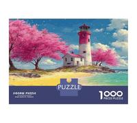 Cherry Blossom Lighthouse 1000pcs Jigsaw Puzzle Serene Sandy Shores - Heavy-Duty Jigsaw Cardboard & Puzzle for The Whole Family 52x38cm/1000pcs Relaxation Jigsaw Puzzle