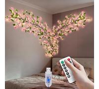 Cherry Blossom Lights with Green Leaf,144 LED Pink Flower Fairy Vine Lights for Bedroom,7.55Ft 8 Modes Twinkling Tree Branch Light with Remote,Timer,Blossom Garlands for Wall Room Christmas Decor