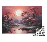 Cherry Blossom Moonlit River Jigsaw Puzzle for Adults, 1000 Pieces, 52x38cm/1000pcs, Smooth White Cardboard Pieces; A Calm After-work Activity