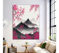Cherry Blossom Mountain Canvas Wall Art Painting - Wall Decor Modern Black And White Pictures Room Decoration Ink Landscape Print Poster Artwork For Living Room Home Decor Unframed 31X47In