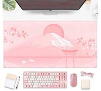 Cherry Blossom Mouse Pad Kawaii Pink Floral Desk Mat, Japanese Pastel Sakura Large Anime Gaming Mousepad XXL, Cute Aesthetic Mount Fuji Japan Keyboard Mats for Women Office Desk Pads 31.5"x15.75"