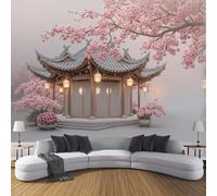 Cherry Blossom Pavilion Wallpaper Murals, Pink Murals, Traditional Chinese Architecture Wallpaper for Bedroom Living Room Decor Artwork Background Wall Stickers 350x256cm