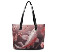 Cherry Blossom Red Carp Leather Tote Bag for Women Work Shoulder Purses with Zipper Waterproof Large Computer Shoulder Bag Fashion Ladies Shoulder Handbag Reusable Shopping Bags