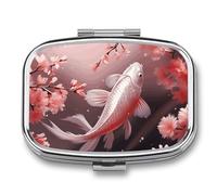Cherry Blossom Red Carp Pill Case for Travel, Rectangle Metal Pill Organizer with 2 Compartments, Portable Daily Medicine Box for Purse, Wallet