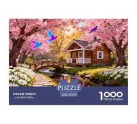 Cherry Blossom Stream Cabin Wooden Jigsaw Puzzle Waterproof 1000 Piece Puzzles for Adults Impossible Challenging Games