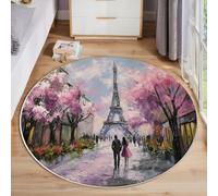 Cherry Blossom Street Round Rugs Ø120 Cm Living Room Non Slip Round Area Rug Short Pile Paris Oil Painting Bedroom Circle Carpet Washable Soft Floor Mat Rugs For Kids Room Decor, Blush Powder