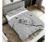 Cherry Blossom Super King Duvet Coverless, Reversible Design, Japanese Grey Floral Comforter & 2 Pillow Cases for Bedroom Decor, 10.5 Tog Ultra Soft Microfibre, All Seasons #y390