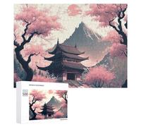Cherry Blossom Temple Landscape: Year-End Present, 500 PCS Wooden Jigsaw Puzzle for Adults, with A Decorative Finished Picture
