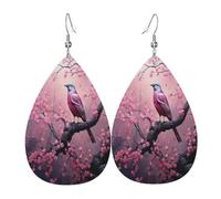 Cherry Blossom Tree Bird Leather Earrings for Women | Teardrop Dangle Earrings With Faux Leather Pendant And Silver Plated Hooks, Lightweight Statement Jewelry For Women Girls