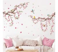 Cherry Blossom Tree Branch Wall Stickers Pink Peach Flower Wall Decals Peel and Stick Spring Floral Birds Wall Art Decor for Girls Bedroom Living Room Kitchen Sofa TV Backdrop Wall Decoration