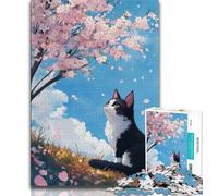 Cherry Blossom Tree Cat Jigsaw Puzzles for Adults 1000,Help The Brain Exercise Addictive Toys to Cultivate Patience A Work of Art 50x75cm