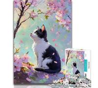 Cherry Blossom Tree Cat Jigsaw Puzzles for Teenagers 1000 Piece,Educational Games Home Decoration Artists Collection,Fine Art (38x26cm)