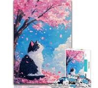 Cherry Blossom Tree Cat Jigsaw Puzzles for Teenagers 1000 Piece Puzzle,Help The Brain Exercise Addictive Toys to Cultivate Patience A Work of Art 38x26cm