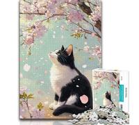 Cherry Blossom Tree Cat Jigsaw Puzzles for Teenagers,Help The Brain Exercise Addictive Toys to Cultivate Patience Suitable for Couples (75x50cm)