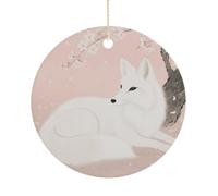 Cherry Blossom Tree Fox Ceramic Christmas Ornaments with Gold String - Personalized Double-Sided 2.9 Inch Xmas Tree Decorations, Rustic Winter Hanging Ornaments for Holiday Party Gift