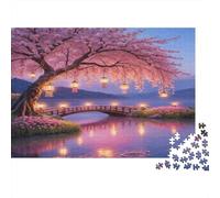 Cherry Blossom Tree Jigsaw Puzzle 1000 Piece Jigsaw Puzzle for Adults Bridge Night View Puzzle Game for Family Relaxation 52x38cm/1000pcs