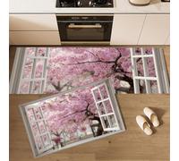 Cherry Blossom Tree Kitchen Runner Rug, Japanese-Style Healing Flower Non Slip Kitchen Floor Mat Set of 2, Pink Washable Stain Resistance Runner Rugs, Mats for Entryway Hallway Decor 50x80cm+50x150cm
