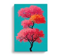 Cherry Blossom Tree No.2 Teal, Pink, Red Canvas Print for Living Room Bedroom Home Office Décor, Wall Art Picture Ready to Hang, 30x20 Inch (76x50 cm)