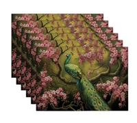 Cherry Blossom Tree Peacock Placemats Set of 6 Washable Table Placemat Vintage Animal Wipeable Heat Resistant Place Mats Dining Table Mats for Restaurants Kitchen Tables Decor 45x30cm, Emerald Green
