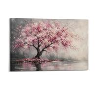 Cherry Blossom Tree Pink Floral Abstract Painting Poster 08x12inch | Layered blush and burgundy blooms, sweeping dark branches, and a mirrored water effect for serene bedroom Wall Art