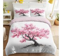 Cherry Blossom Tree Watercolour Bedding Set Single 260 x 220 cm, White Duvet Cover Set for Girls Rooms, Traditional Calm Bedroom Bedding, Soft Microfibre Bed Linen with 2 Pillowcases, Easy Care