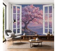 Cherry Blossom Tree Window View Background Wall Mural - 200 × 140 cm Natural Scenery Photo Wallpaper for Bedroom Living Room Playroom Teen Room, 3D Panoramic Custom Wallpaper Wall Art, Powder Blue