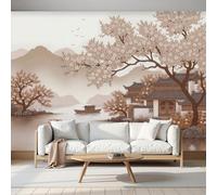 Cherry Blossom Trees Architectural Patterns Wall Mural - Ink Painting Style,Light Brown Wallpaper Poster,200 × 140 Cm, 3D Artwork For Bedroom, Living Room & Home Decoration (Not Self-Adhesive)