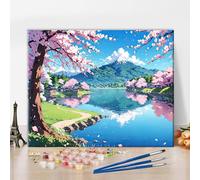 Cherry Blossom Trees in Mount Fuji, Japan Paint by Numbers, Beautiful Lake Paint by Number for Adults, Natural Scenery Adult Paint by Number Kits, Easy Paint by Numbers Art Crafts 16"x20" Frameless