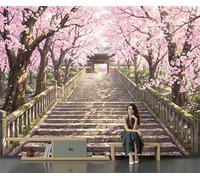 Cherry Blossom Trees Stone Steps Wooden Doors Wallpaper 200x140cm, Japanese Anime Style Mural Wallpaper, Room Decor Wall Art for Bedroom, Living Room, Corridor, Lounge Background Decoration, Pink