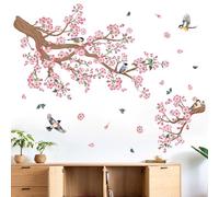 Cherry Blossom Wall Stickers for Bedroom: Peel and Stick Pink Flower Bird Tree Branch Wall Decals - Living Room Bathroom for All Adults