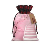 Cherry blossom white staircase Christmas Tree Hanging Gift Bags Jute Drawstring Sacks with, Eco-Friendly Festive Decor & Small Present Bag for Xmas Tree