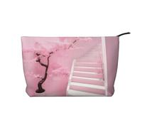 Cherry Blossom White Staircase Pattern Large Capacity Corduroy Cosmetic Bag, Fashionable Waterproof toiletries Storage Bag